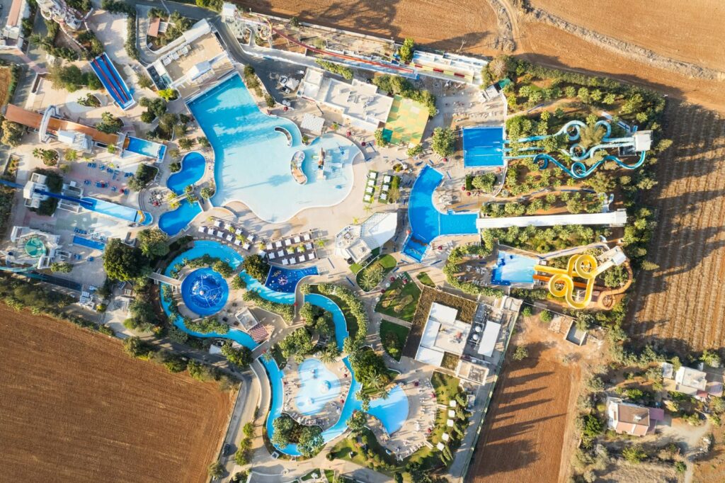 Stunning aerial view of a vibrant waterpark in Ayia Napa, Cyprus.